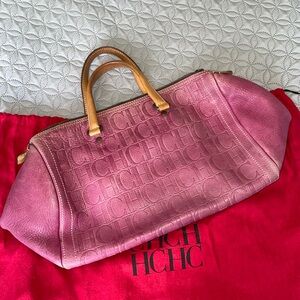 Carolina Herrera CH signature medium tote bag, mauve pink with camel leather